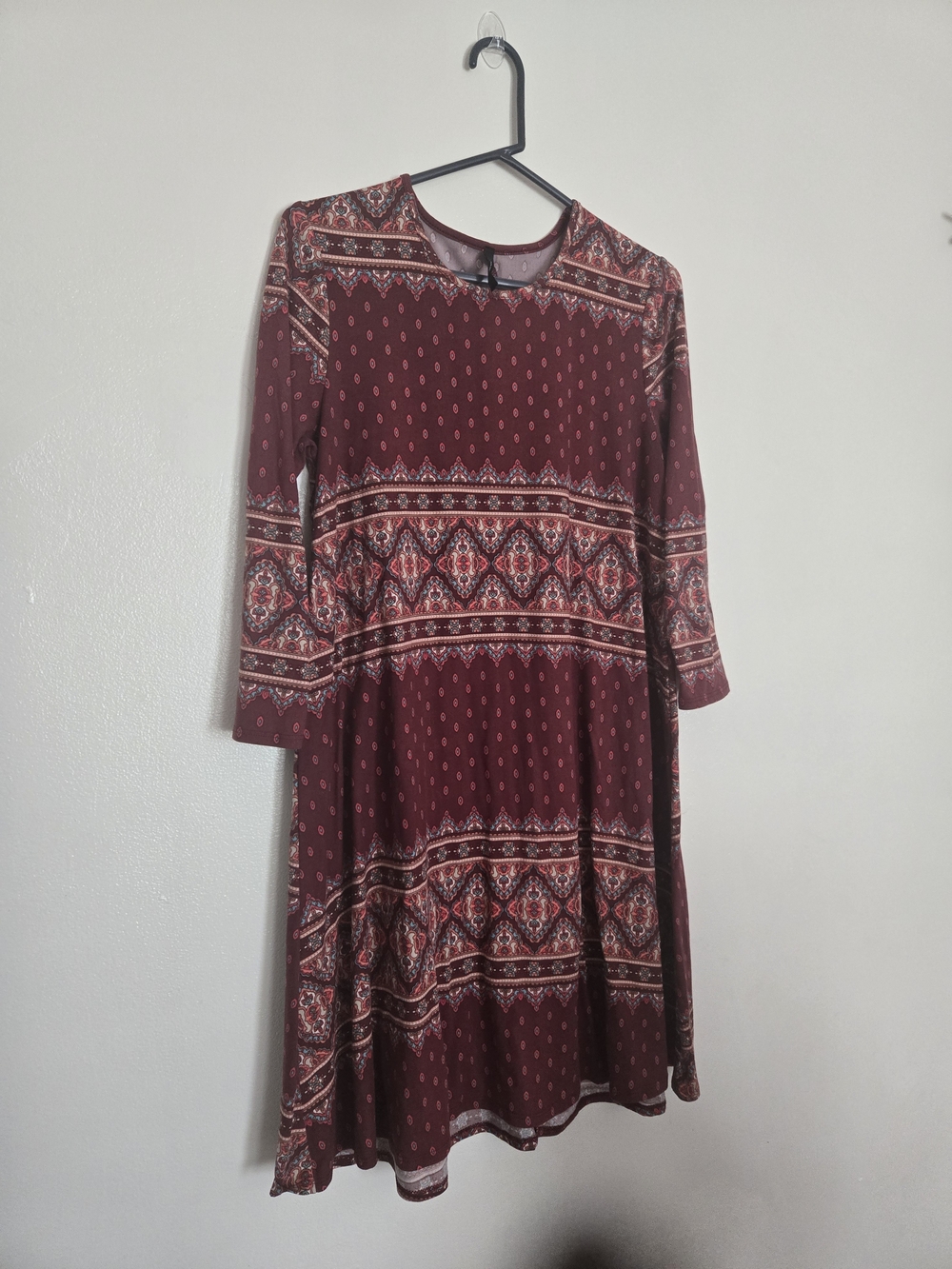 4/$15 Boho Printed Long Sleeve Swing Dress - Burgundy Retro Cottagecore - Picture 3 of 7